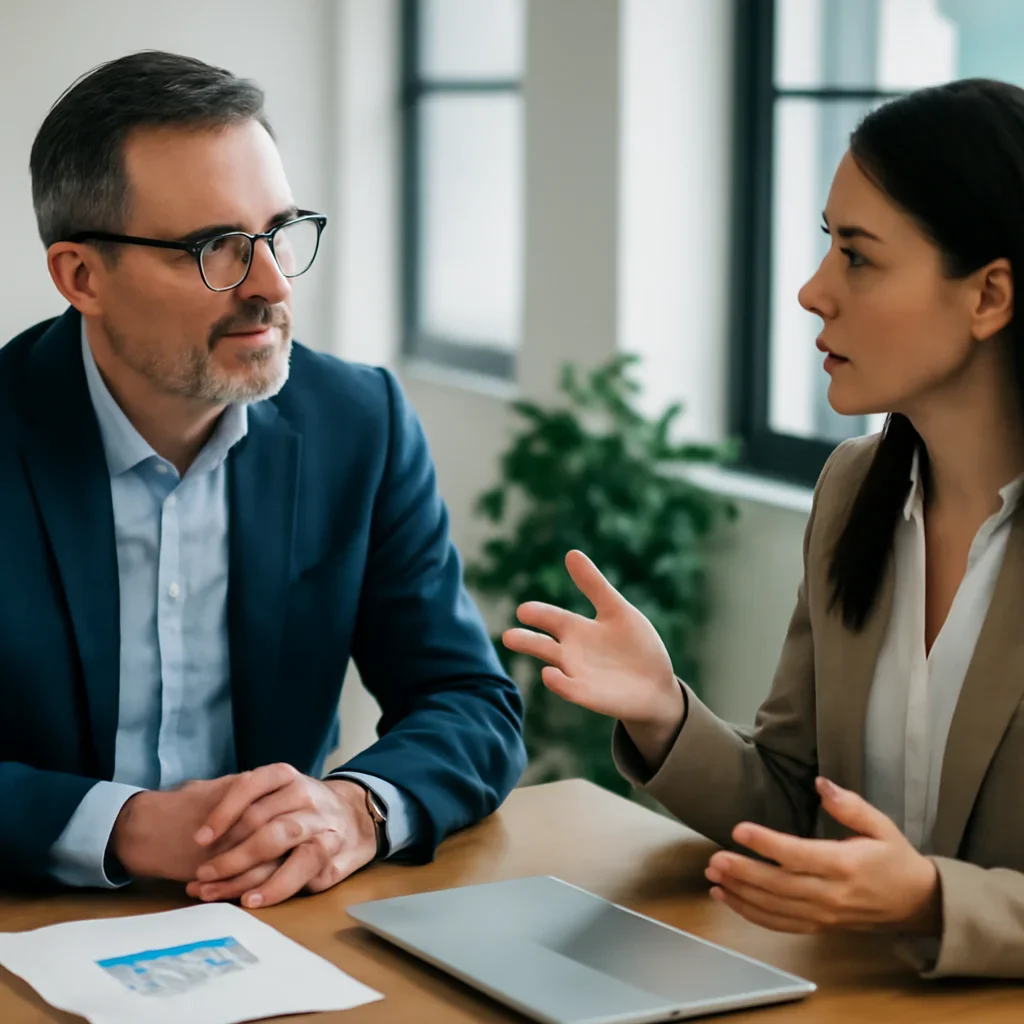 Business owner discussing growth goals with a marketing consultant for B2B Marketing