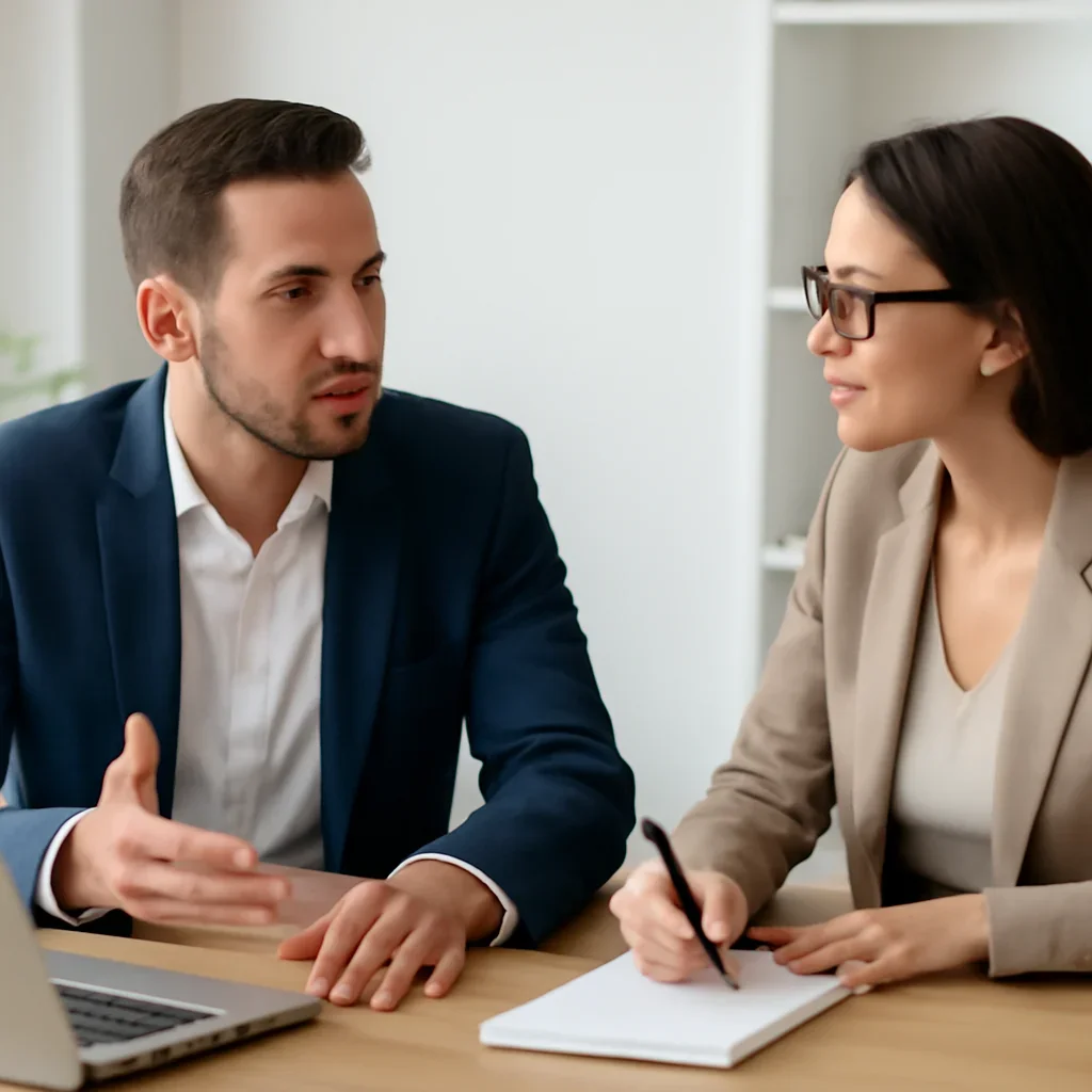 Business owner discussing growth goals with a marketing consultant for Internet Marketing in Brampton