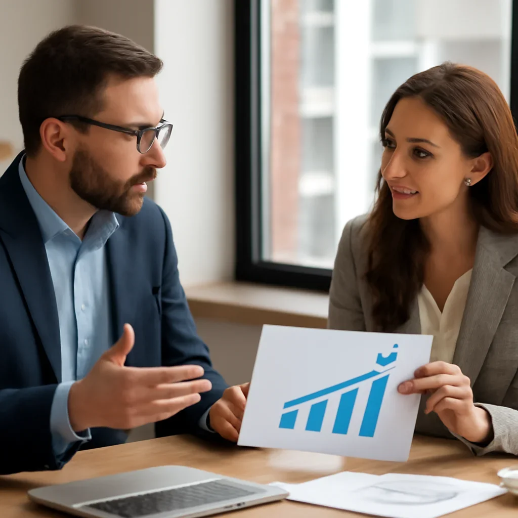 Business owner discussing growth goals with a marketing consultant for Branding Agency in Calgary