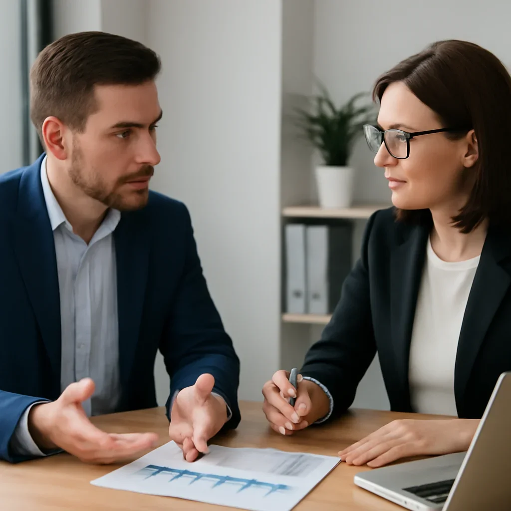 Business owner discussing growth goals with a marketing consultant for Internet Marketing in Burnaby