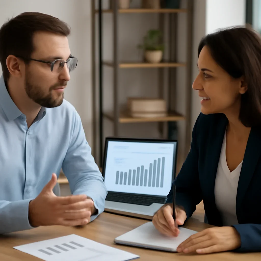 Business owner discussing growth goals with a marketing consultant for Ecommerce Marketing