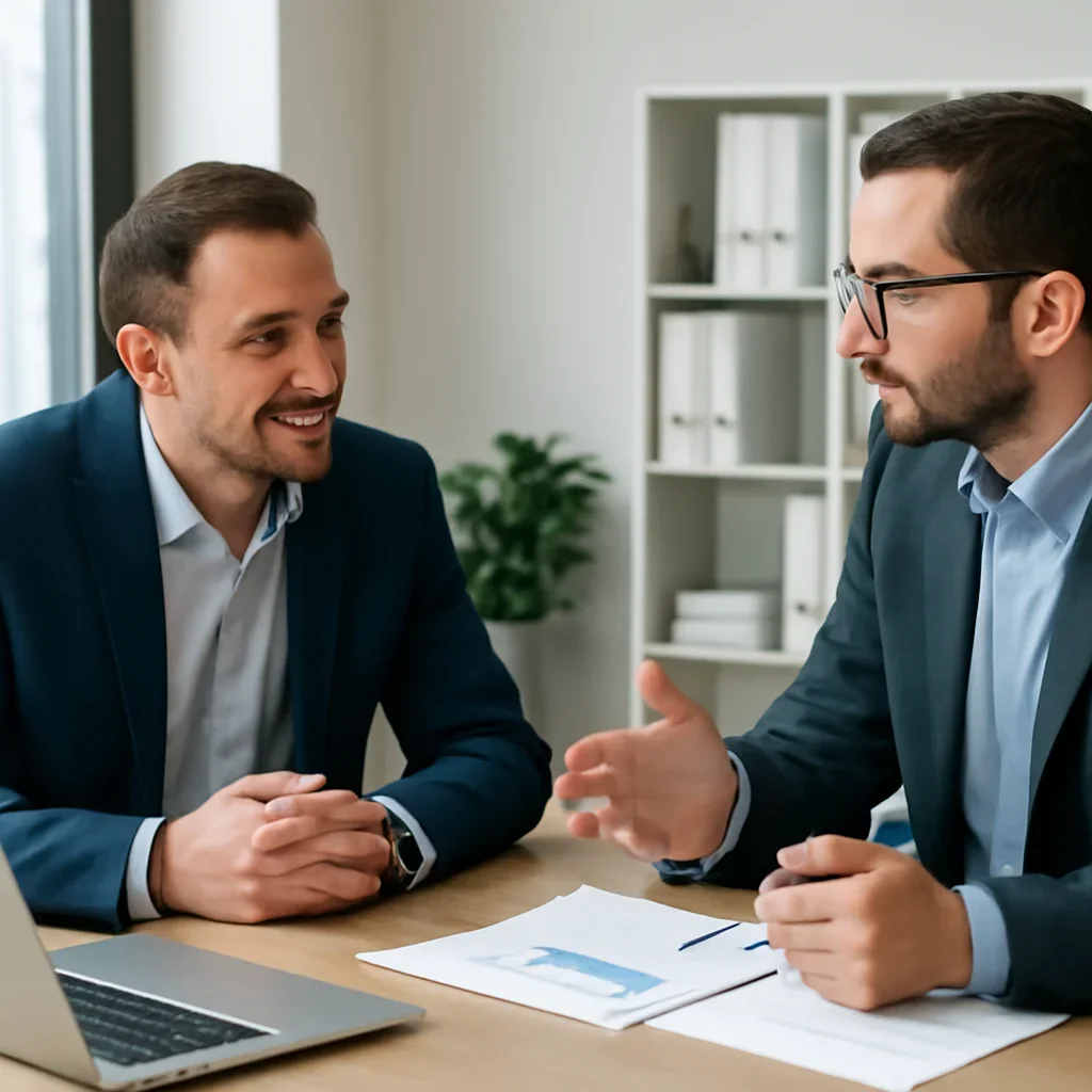 Business owner discussing growth goals with a marketing consultant for Internet Marketing in Laval