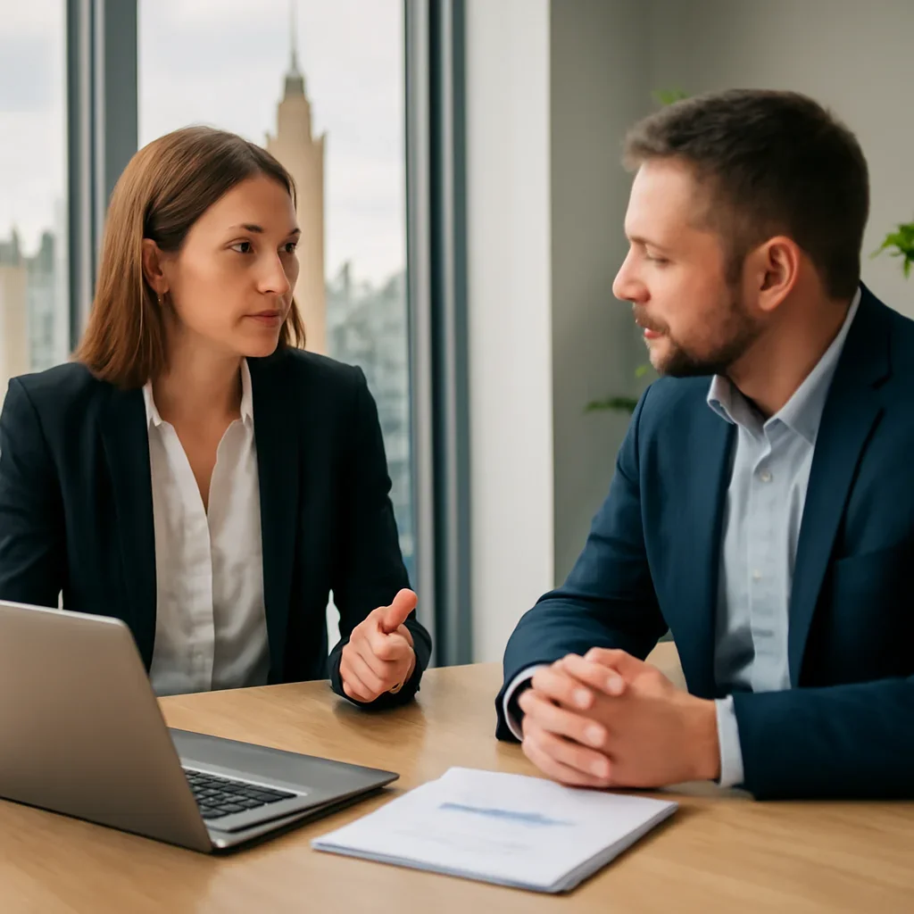 Business owner discussing growth goals with a marketing consultant for Internet Marketing in London