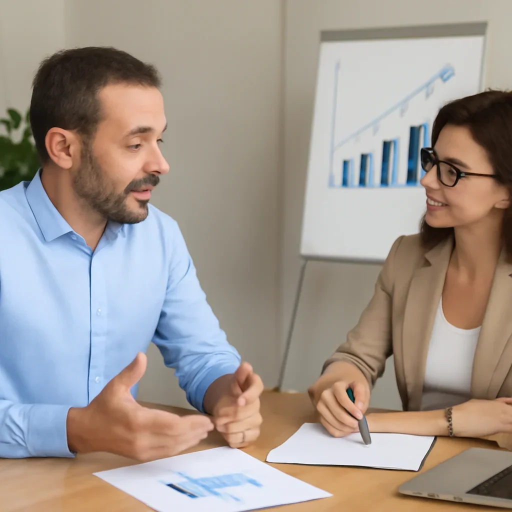 Business owner discussing growth goals with a marketing consultant for Multi-Location Marketing