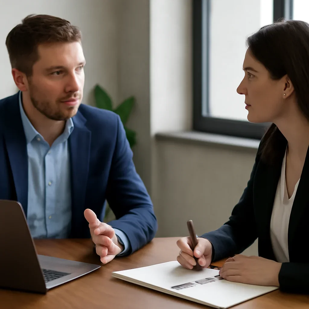 Business owner discussing growth goals with a marketing consultant for Internet Marketing for Professional Services