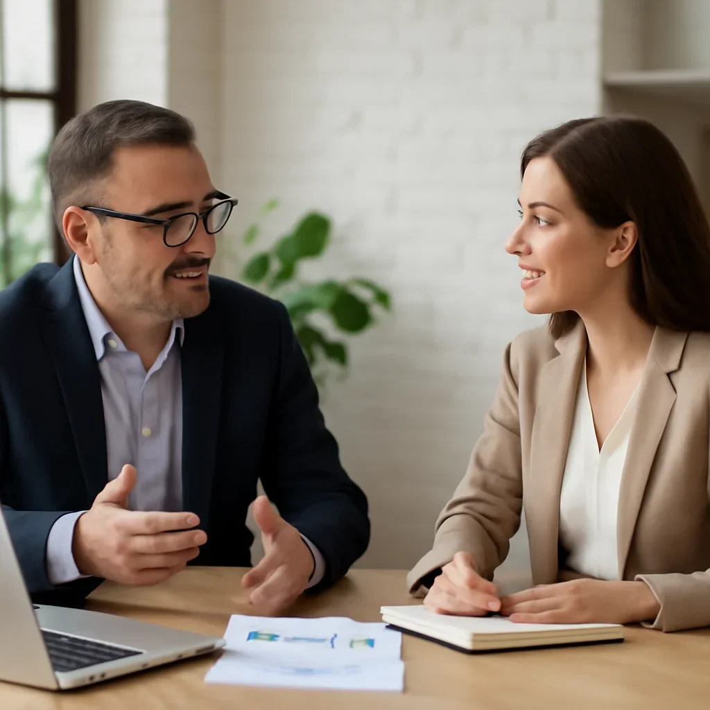 Business owner discussing growth goals with a marketing consultant for Internet Marketing in Surrey